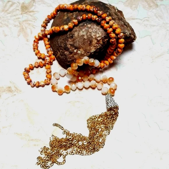 Hand Crafted Glass Bead and Austrian Crystal Gold Tone Tassel Necklace